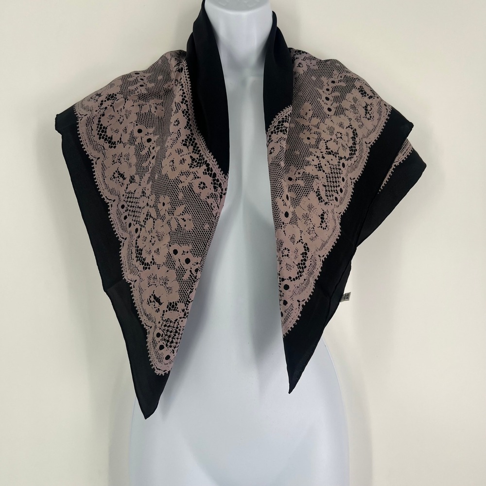 Lanvin Paris Silk Square Scarf Black Pink Floral Lace Print Hand Rolled - Picture 8 of 12